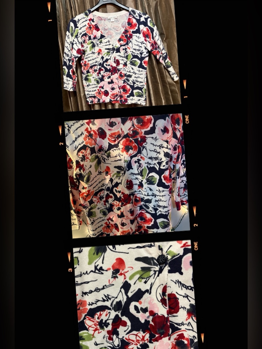 Christopher & Banks White Cardigan with Red Floral & Navy Accents #1939